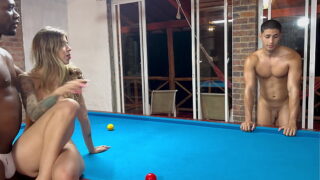 horny guys shared a blondie frennh whore on the pool table